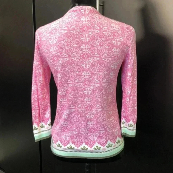 Talbots Cardigan Sweater, button-down, round neck,pink w/ green trim - Picture 5 of 9